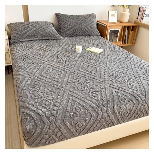 MDYTPT - Embossed Velvet Bed Cover Thick Warm Plush Fitted Bed Sheet Non-Slip Elastic Mattress Cover 100/120/140/160x200 Protector(Grey,160x200x30cm)