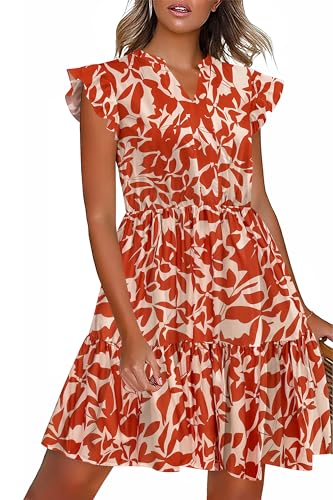 HOTOUCH Women Printed Dress for Summer Short Ruffle Sleeve Dress Tiered Mini Dress with Pockets