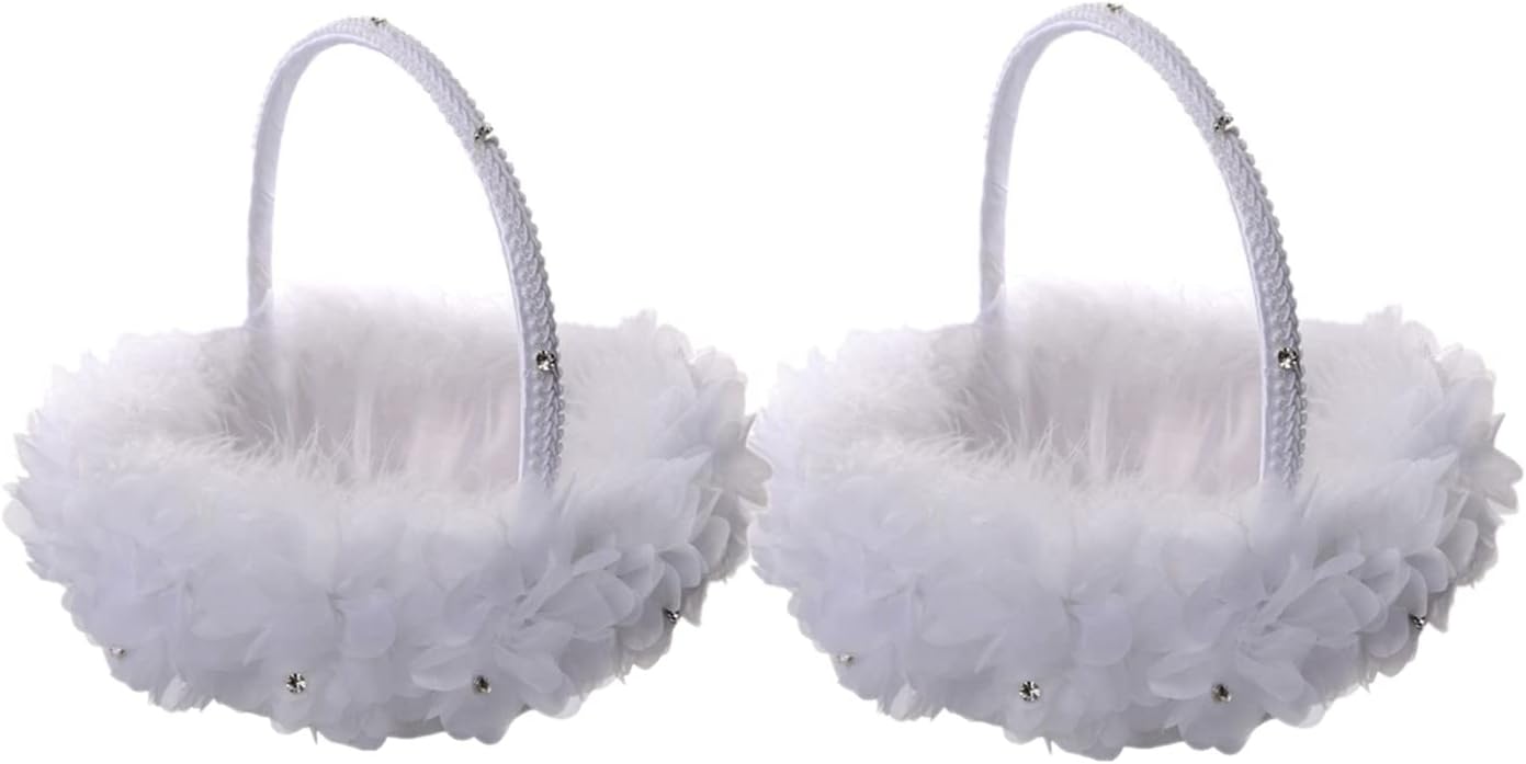 2PCS Wedding Flower Girl Baskets,Cute Handle Flower Girl Basket White Flower Basket for Wedding Decoration (Lace)