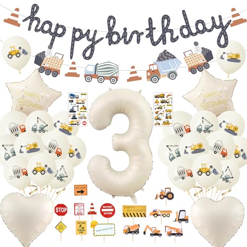 Decoración de cumpleaños para niños de 3 años, globos de construcción y guirnalda de feliz cumpleaños, decoración para tartas de coche, vehículo de construcción, decoración de cumpleaños para fiestas