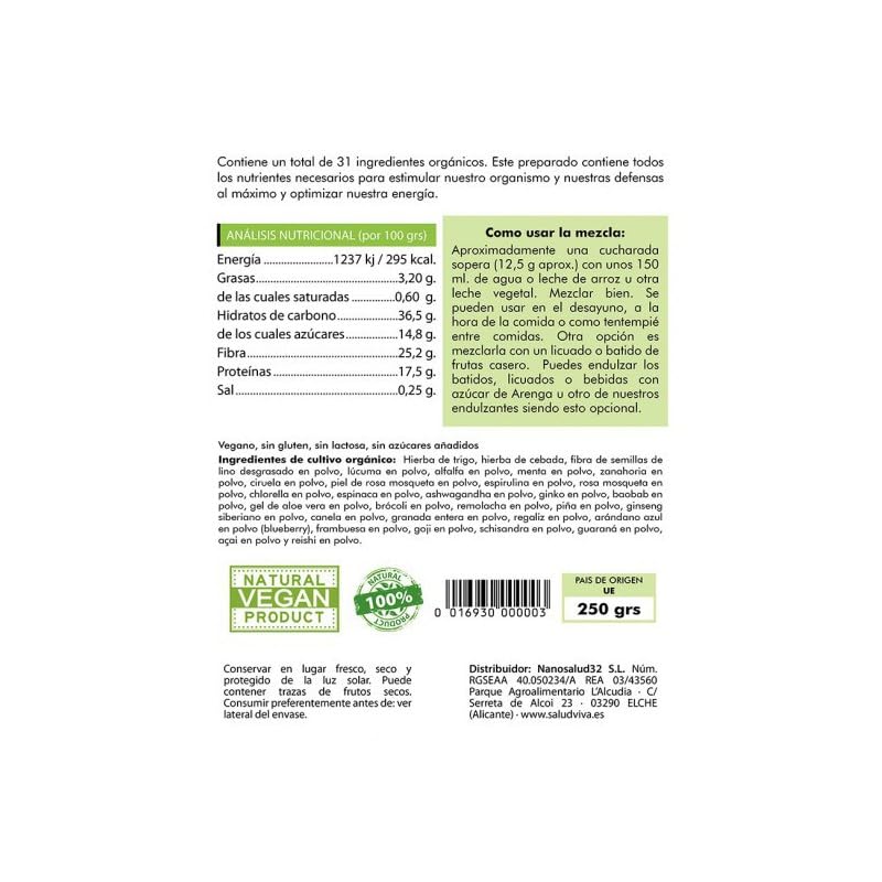 Revitalize Bio 250g | Salud Viva | Superalimento Ecológico en Polvo | Mezcla Energizante Natural | Vegano | Sin Gluten | Superfoods Premium