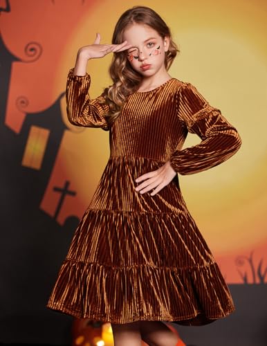 Arshiner Girls Velvet Tiered Dress Long Sleeve Crew Neck Elegant Tween Twirly Dresses for 6-13 Years4