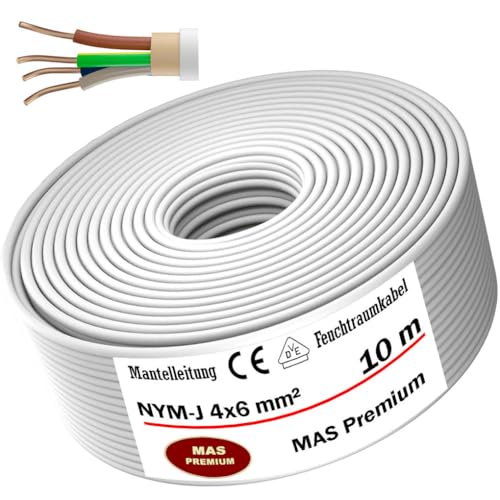 Cable de alimentación para ambientes húmedos, cable de alimentación de 5 a 50 m, NYM-J, 4 x 6 mm², anillo OFC para instalación fija (10 m)