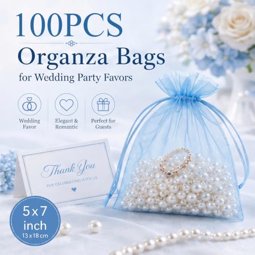 Image of ANZNKU 100 Pack Organza Bags 5 x 7 in Sky Blue Small Mesh Gift Bags Bulk Drawstring for Wedding, Little Goodie Bag for Party Favor Candy Jewelry Soap Makeup, Treat Sachet for Baby Shower Graduation