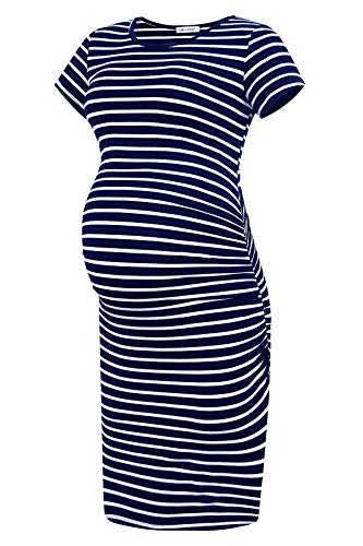 Smallshow Women's Short Sleeve Maternity Dress Ruched Pregnancy Clothes Large Navy Stripe