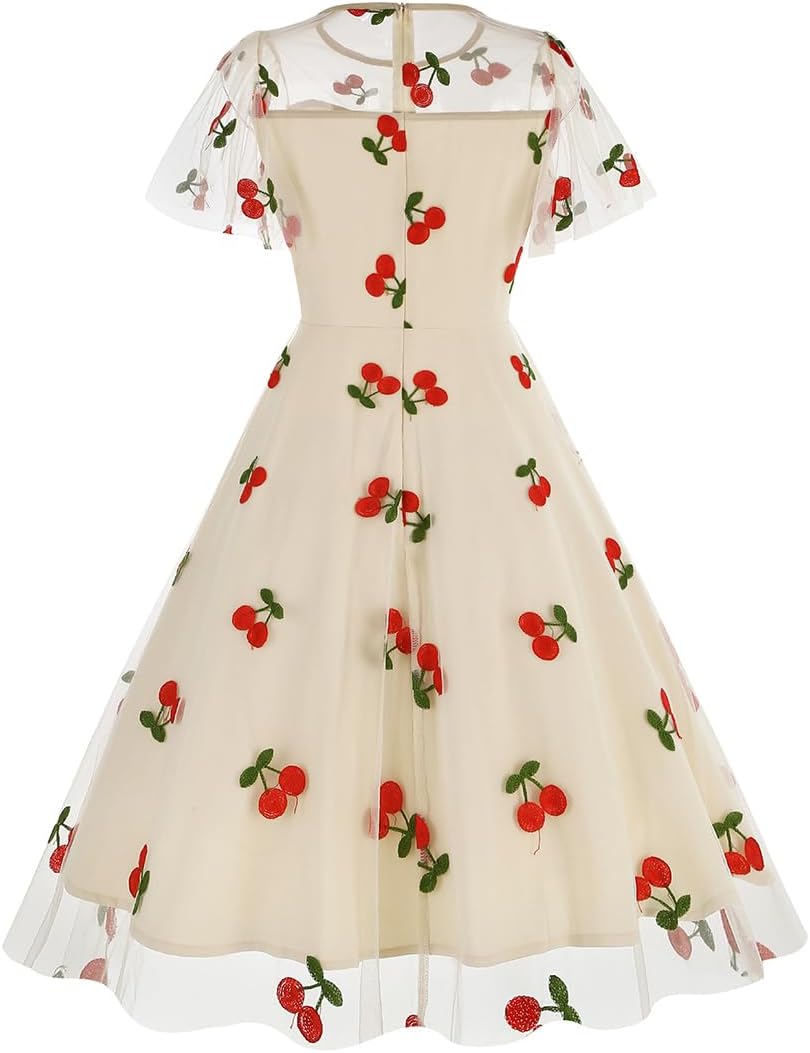 Women Floral Embroidery Dress Sheer Mesh Ruffle Sleeve Illusion Vintage Cocktail Swing Dress Tulle Dinner Dress - Image 3