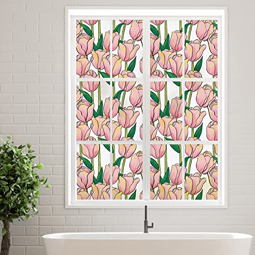 Dktie Window Privacy Film Static Cling Tulip Flowers Window Sticker Bathroom Glass Window Decals Non Adhesive For Home Windows (151, 17.7 X 78.7 Inches) #TOP2
