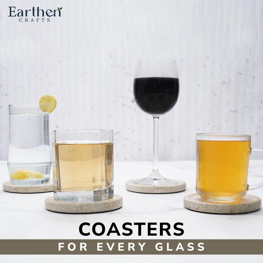 Travertine Marble Coasters Set of 4 for Drinks 4 Inches Round Drink Coaster for Kitchen Countertop, Modern Home Decor and Perfect for Gifting