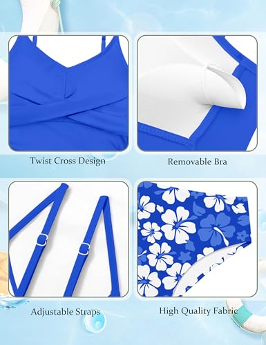 Image of Girls Swimsuit 2 Piece Bathing Suit Criss Cross Ruched Girl Tankini Sets Printed Girls' Swimwear for 9-18 Years