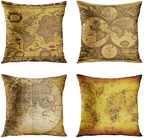ArtSocket Set of 4 Throw Pillow Covers Vintage Old World Map Cartography Antique Sepia Discovery Continental Political Continents Decorative Pillow Cases Home Decor Square 18x18 Inches Pillowcases