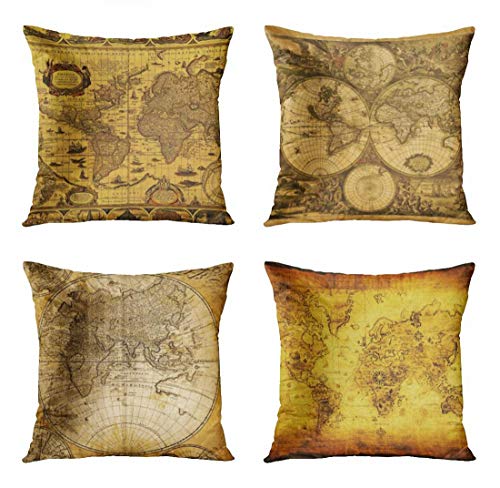 Artsocket Set Of 4 Throw Pillow Covers Vintage Old World Map Cartography Antique Sepia Discovery Continental Political Continents Decorative Pillow Cases Home Decor Square 18X18 Inches Pillowcases #TOP20