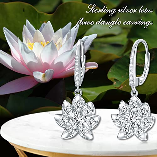 Vonala Lotus Earrings For Women 925 Sterling Silver Lotus Flower Leverback Earrings Lotus Dangling Earrings Cubic Zirconia Dangle Drop Earrings For Women Teens Girls Birthday Gift #TOP5
