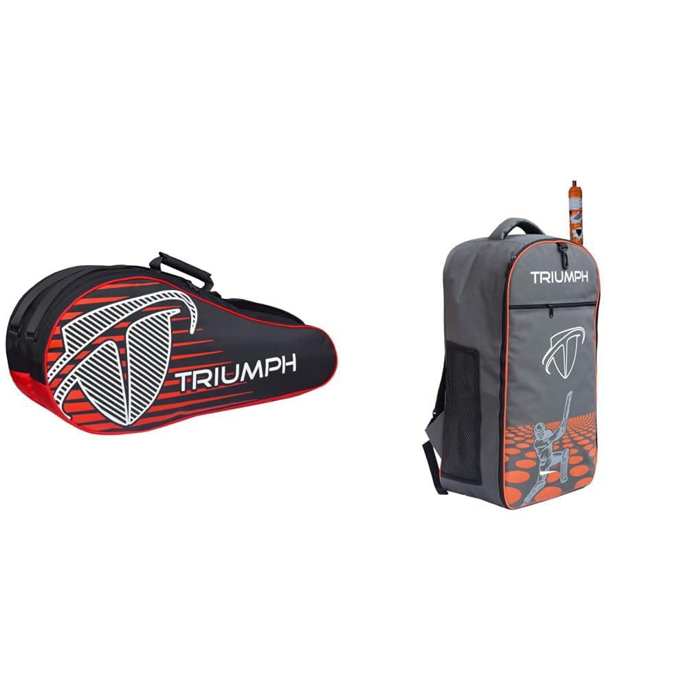 Triumph Stroke Badminton Kit Bag Black/Red + KB-2020 Cricket Backpack Full Padded Grey/Orange Bag Size 27X8X14-picture-13