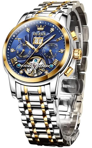 Image of OLEVS Self Winding Watches for Men Automatic Mechanical Skeleton Luxury Dress Waterproof Moon Phase Tourbillon Chronograph Stainless Steel Luminous Wristwatch