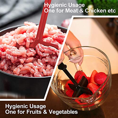 ABILITH Heat Resistant Meat Chopper Stick, Multifunctional Meat and Potato Masher Stick & Smasher for Hamburger Meat, Ground Beef, Turkey & More, Stick Cookware (2 Packs, Black & Red)