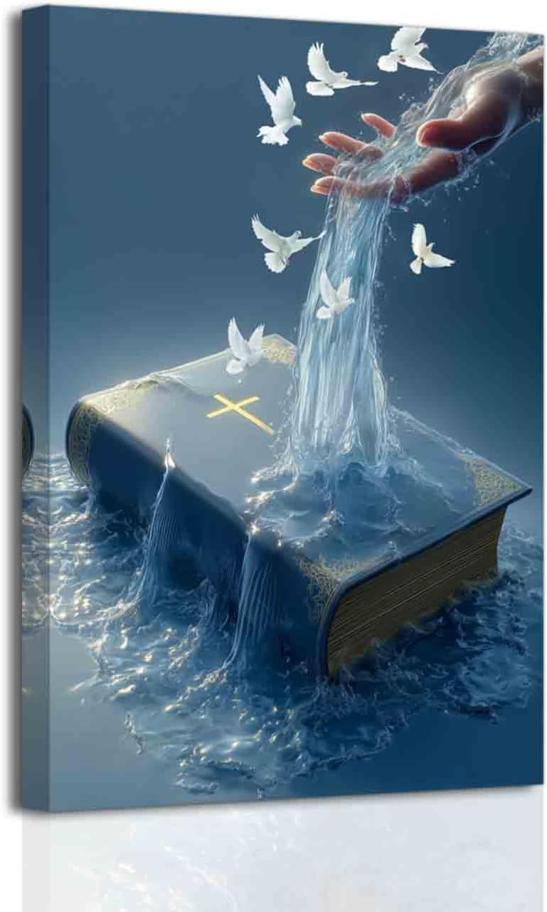 BJYCHG Jesus Christian Canvas Wall Art The Hand of God Pictures Holy Bible Water Cross Poster Prints Religious Dove of Peace Paintings Church Prayer Room Decor Framed (Blue, (18L x 12W))