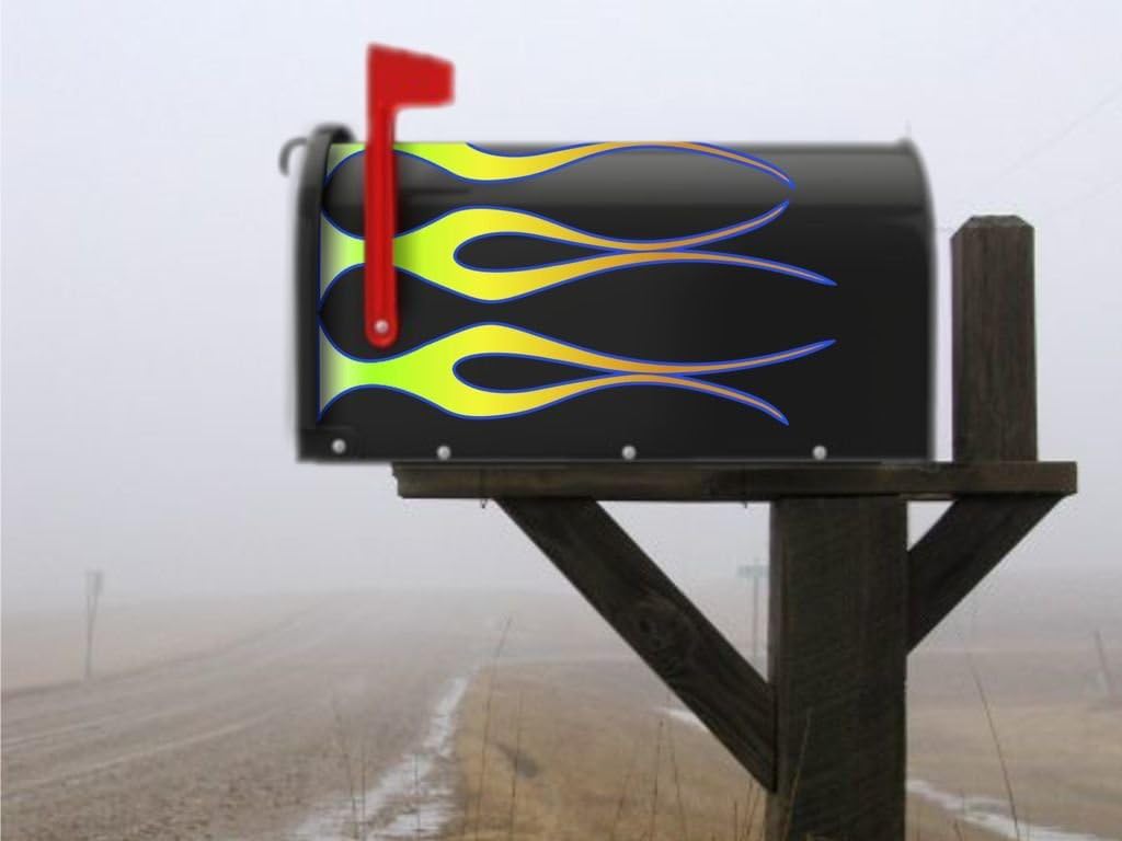 Mailbox Decals Stickers - Hot Rod Flames - Lemon/Lime with Orchid Pinstripe