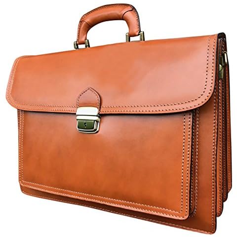 16" Hand-Crafted in Italy Tan Briefcase Designer Leather Laptop Satchel Portfolio Messenger Bag Cover