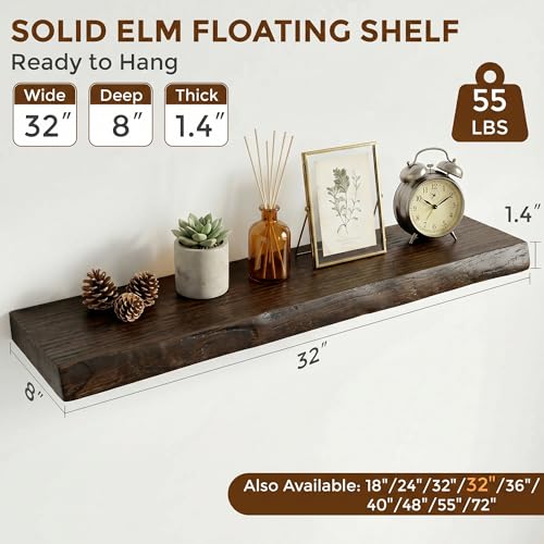 Image of Dreamland Rustic Elm Woood Floating Shelves for Wall Decor, Live Edge 32 inch W x 8 inch D Floating Shelves Set of 2, Wall Mounted Deep Wooden Shelf for Living Room, Bedroom, Kitchen, Bathroom, Walnut