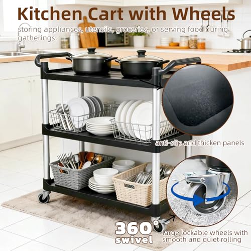 Image of 3 Tier Heavy Duty Rolling Utility Cart with Strong Wheels and Handle 500lbs Load Capacity Plastic Serving Cart for Food Commercial Garage Restaurant Kitchen, Black Storage Shelf