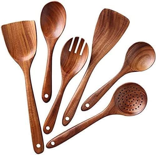 ZIF 6 Piece Wooden Spoons for Cooking - Smooth Finish Teak Wooden Utensils for Cooking - Soft Comfortable Grip Wood Spoons for Cooking - Non-Stick Wooden Cooking Utensils - Wooden Spoon Sets, Medium
