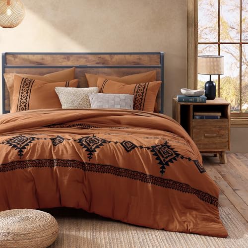 MaiRêve Burnt Orange Embroidery Comforter Set King Size - 7 Pieces, Farmhouse Western Bedding Sets All Season, Boho Bed in A Bag King with Sheets, Comforters, Pillowcases & Shams - Image 3