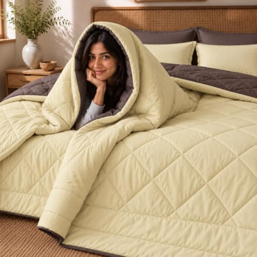 Image of King Size Comforter for Double Bed, 220 GSM Soft Microfiber AC Blanket, All Season Lightweight Reversible Bed Quilt, Premium Bedding, 90 x 100 Inch, Coffee-Khaki