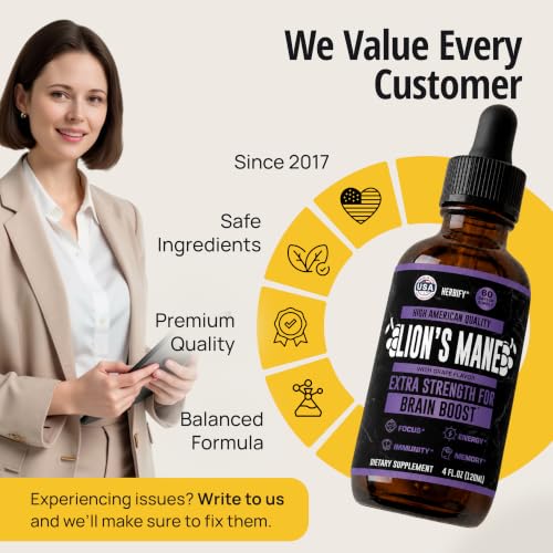Image of HERBIFY Lions Mane Supplement - Daily Mushroom Supplement for Memory, Focus & Clarity - Brain Booster - Lions Mane Tincture for Immune Support - 4 Fl oz Grape Flavor