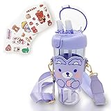 GMKD Dual Drink Water Bottle Kawaii Dual Split Cups for Drinks, Cute Dual Use Water Bottle with Straw and Shoulder Strap - for School Outdoor Sport Camping Travel, BPA-Free, 18oz (Purple)