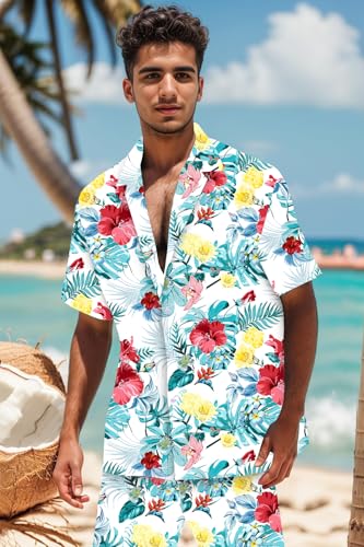 Image of Cromoncent Boy and Men Hawaiian Outfits Short Sleeve Shirts and Shorts Hawaiian Suits Beach Tropical 2 Pcs Vacation Sets