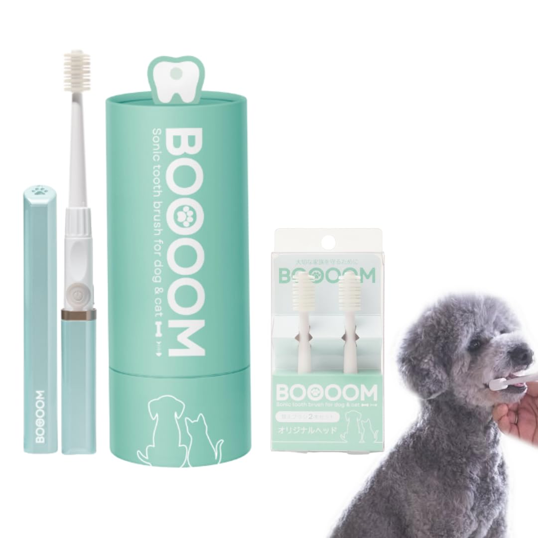 BOOOOM Sonic Toothbrush for Dogs & Cats - (Standard Size) Device + Standard Replacement Brush Heads Bundle - Professional 360° Pet Dental Care, 8000 RPM, Ultra-Quiet & Gentle (Blue)