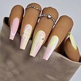 MISUD Press on Nails Long Coffin Fake Nails Glossy Glue on Nails Summer Yellow Pink Acrylic Nails Ballerina Artificial Nails Rhinestone Stick on False Nails with Butterfly Design 24 pcs