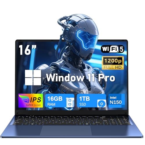16 Inch Laptop Computer, Gaming Laptop 2025, 16GB RAM 1TB SSD, N150 Processor(Up to 3.6GHz), 2 Years Warranty, FHD 1920 * 1200, Backlit, BT4 WIFI5, Windows 11 Pro, 6000mAh/46.2Wh，Premium Navy