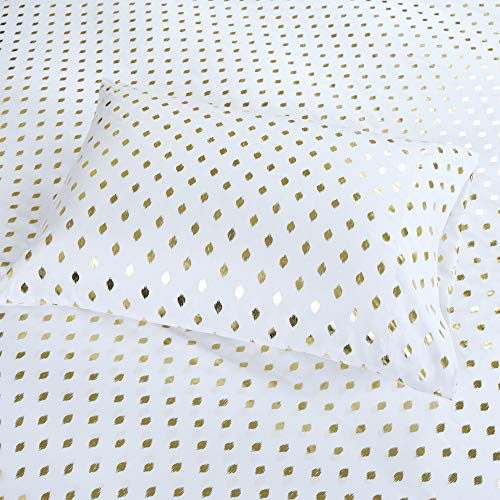 Intelligent Design Microfiber Cozy Bed Sheet Set, Modern All Season Bedding & Pillowcases, Premium 14" Elastic Pocket Fits Up To 16" Mattress, Full White/Gold Metallic Dot 4 Piece #TOP2