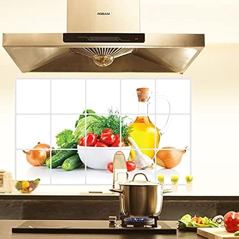 BIBITIME Green Vegetables Kitchen Oil Proof Wall Stickers Cherry Tomatoes Cucumber Onion Butter Backsplash Tile Decor Decals (17.72 inches x 27.56 inches, Green Vegetables) Cover
