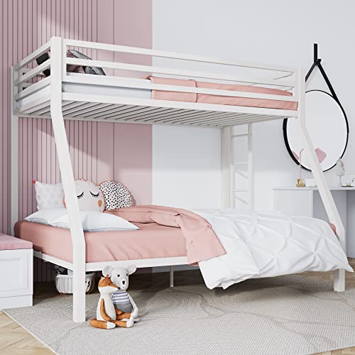 SHA CERLIN Loft Bunk Bed Twin Over Full Size with Ladder and Guardrail,Heavy Duty Metal Slats Support No Box Spring Needed Small Space Saving Furniture for Bedroom Dorm,White