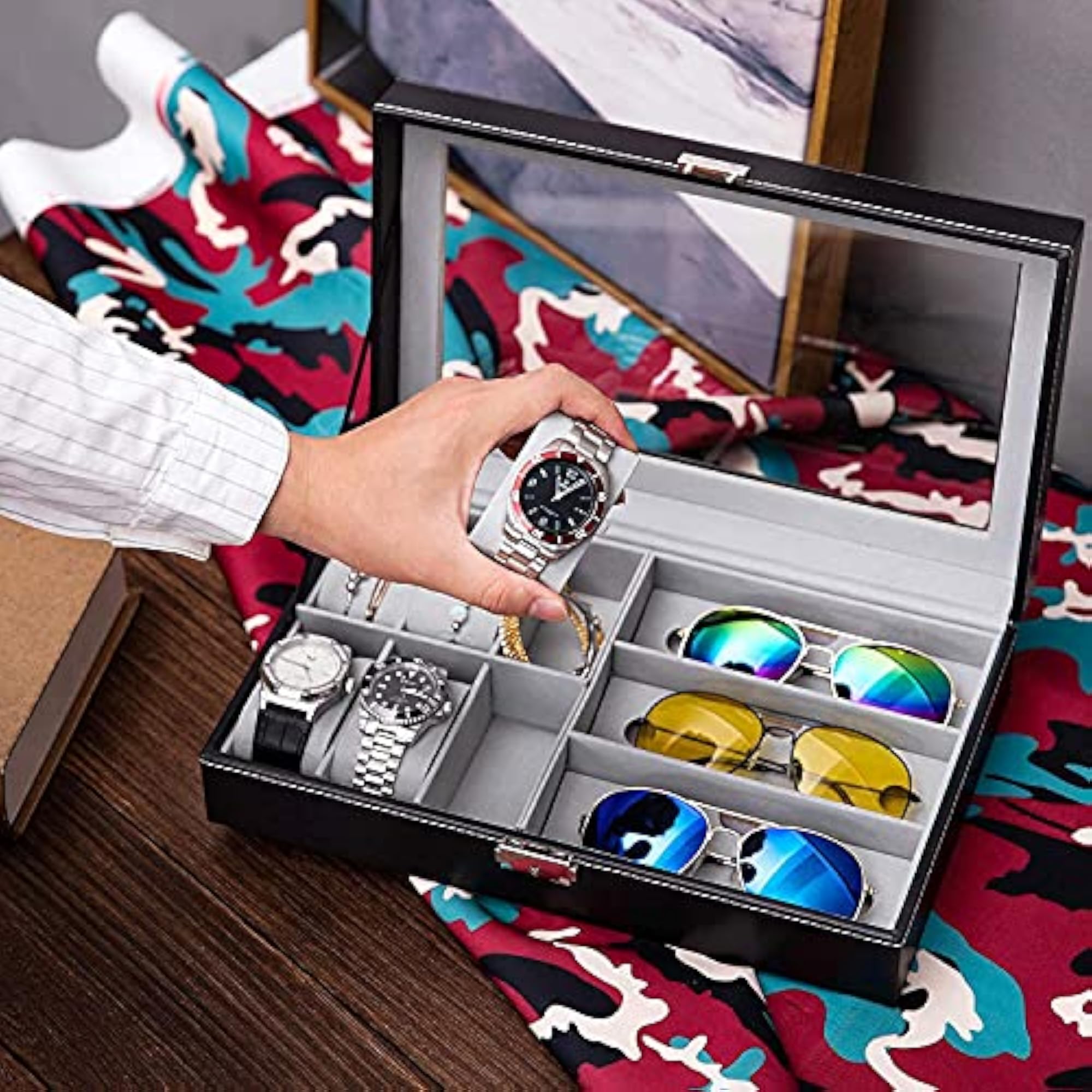 6-Slot Watch Box Organizer Case with Goggles Storage