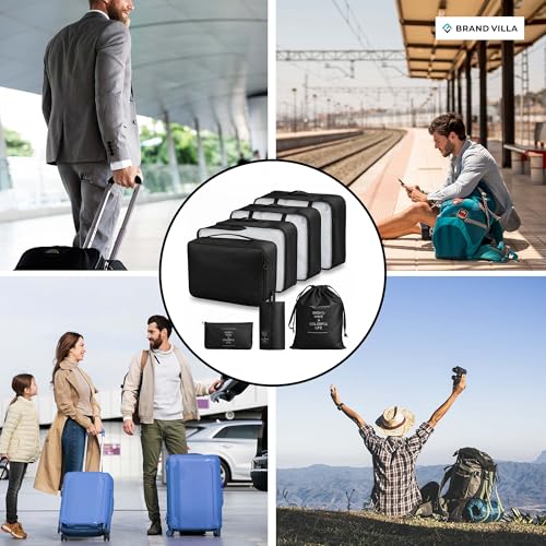 Image of BRAND VILLA 7 Pcs Travel Organizer Set Packing Cubes Luggage Organizer Bags with Shoe Bag, Laundry Pouch & Toiletry Bag for Clothes, Shoes, Accessories, Lightweight Travel Storage for Suitcase (Black)