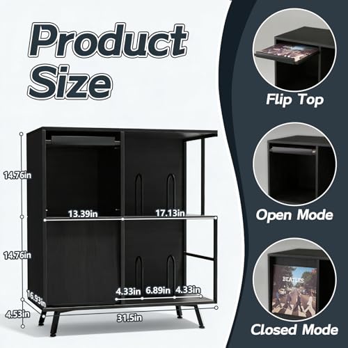 Image of Faesun 3 Tier Flip Top Record Player Stand, Vinyl Record Storage Holds up to 300+ Albums, Large Record Player Cabinet, Vintage Turntable Stand with Vinyl Display, for Living Room Bedroom, Black