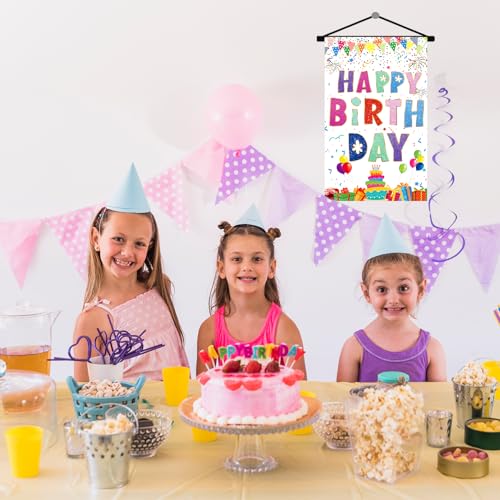 Image of Colorful Happy Birthday Sign Decorations Birthday Door Banner Hanging Decor for Front Door Wall Room, White Colourful Compact Bday Flag Party Supplies for Teens Girls Boys Kids