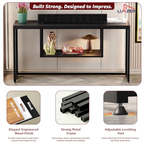 Image of Lukzer TV Unit Stand for TVs up to 43 Inch Engineered Wood with Metal (MTU-002 /Black & Black) Open Shelf Storage Console for Living Room, Set Top Box, WiFi Router, Speakers & Decor (110 x 56 x 30 cm)