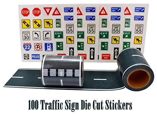 Fun Road Tape for Car Toys, 2 Rolls of 33’x2.4”, Bonus 100 Die Cut Traffic Sign Stickers for Playing and Learning, Perfect to Keep Your Kids Away from Screens, Develop Their Imagination and Memory