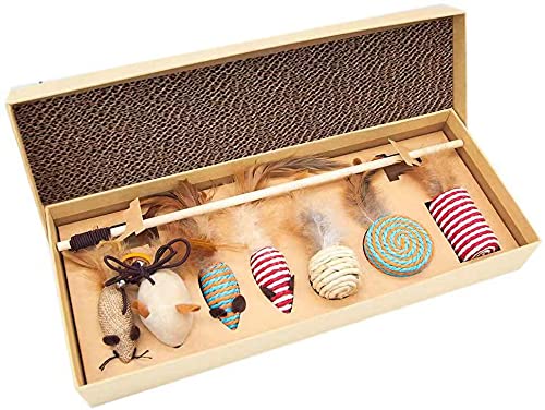 Yibei Cat Toys Interactive Feather Wand, Cat Toys Set, Pack of 8 PCS, Interactive Toys for Indoor Cats, Multi Tease Replacements Including Fluffy Mice Balls