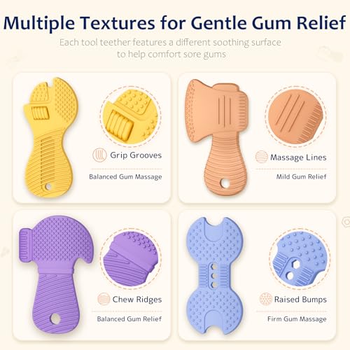 Image of Baby Tool Teethers 4 Pack, Textured Sensory Teething Toys for Boys 0-6 Months, Wrench Screwdriver Hammer & Axe Silicone Chew Toys, Baby Shower Gifts for Newborn & Infants