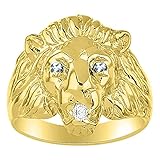RYLOS 14K Yellow Gold Lion Head Ring Diamond in Mouth & Gemstones in Eyes Fun Designer Rings - Aquamarine Mens Jewelry Size 12