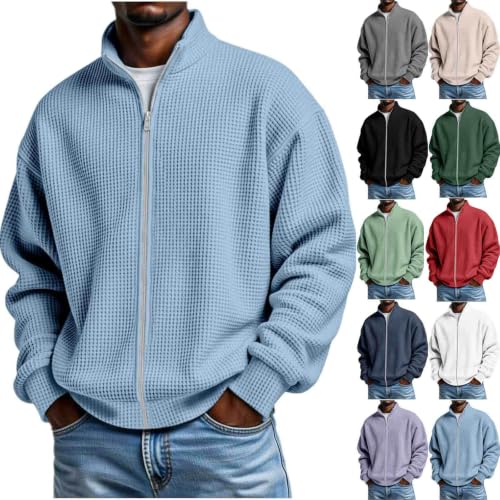 fartey Mens Waffle Knit Zipper Cardigan Stand Collar Full Zip Sweatshirt - image 1