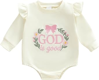 KMBANGI Newborn Toddler Baby Girl Christian Outfit God is Good Sweatshirt Embroidered Tops Bubble Romper Baby Baptism Clothes