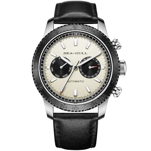 SEA-GULL Mechanische Herrenuhren, GMT Dual-Kalender Panda-Auge Uhr, Automatische Armbanduhr, Seagull ST2502, Tachymeter, Leuchtend, 6177, Armband