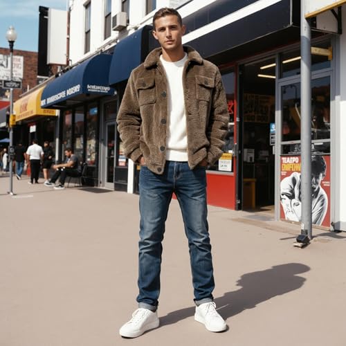 Image of GINGTTO Mens Furry Button-Up Jacket 4 Pockets Fluffy Coat For Men