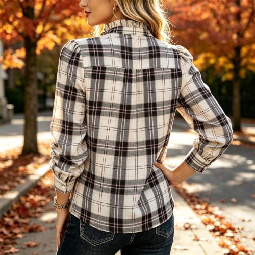 Checkered Shirt Women Dressy Casual Long Sleeve Henley Ruffle Shirt - image 7